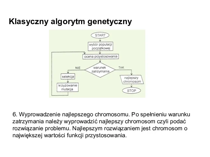 Klasyczny algorytm genetyczny 6. Wyprowadzenie najlepszego chromosomu. Po spełnieniu warunku zatrzymania