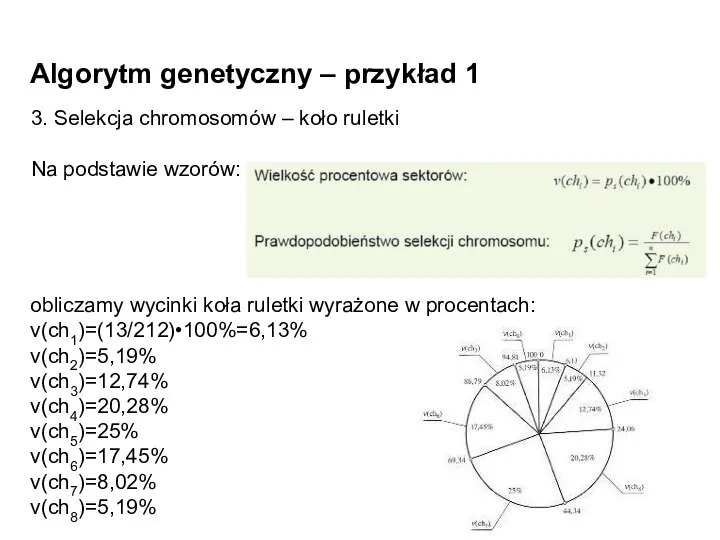 Algorytm genetyczny – przykład 1 3. Selekcja chromosomów – koło ruletki