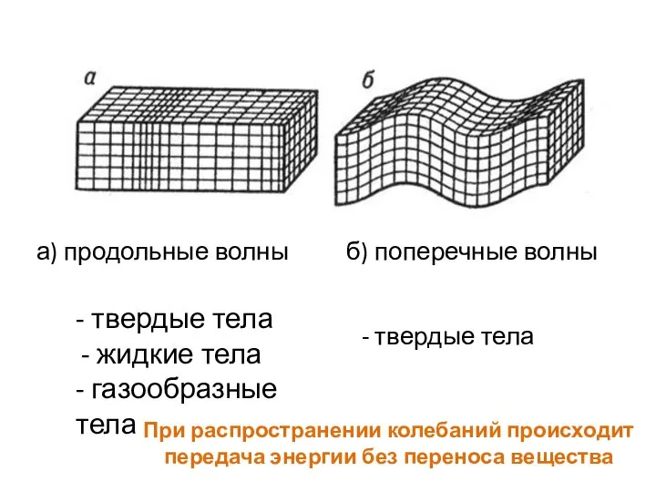 а) продольные волны б) поперечные волны - твердые тела жидкие тела