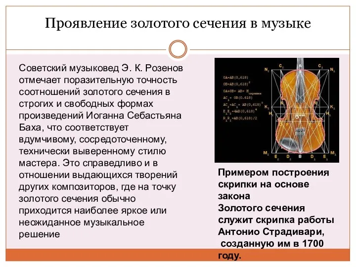 Проявление золотого сечения в музыке Примером построения скрипки на основе закона