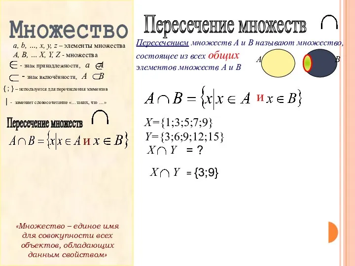 Пересечение множеств Х Y и Х={1;3;5;7;9} Y={3;6;9;12;15} Х Y = ?