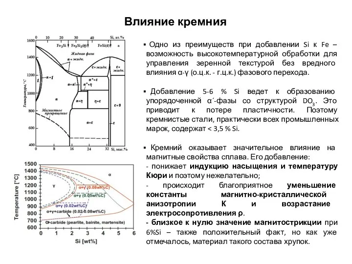 Влияние кремния Одно из преимуществ при добавлении Si к Fe –