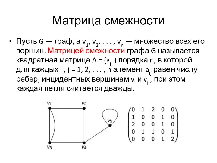 Матрица смежности Пусть G — граф, а v1, v2, . .