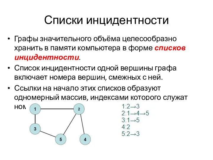 Списки инцидентности Графы значительного объёма целесообразно хранить в памяти компьютера в