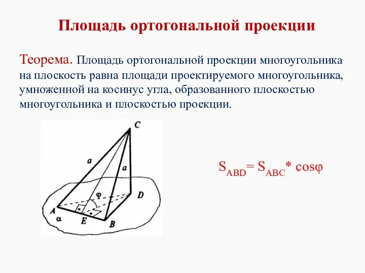 Теорема. Площадь ортогональной проекции многоугольника на плоскость равна площади проектируемого многоугольника,