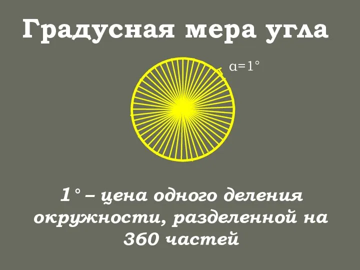 Градусная мера угла 1° – цена одного деления окружности, разделенной на 360 частей α=1°