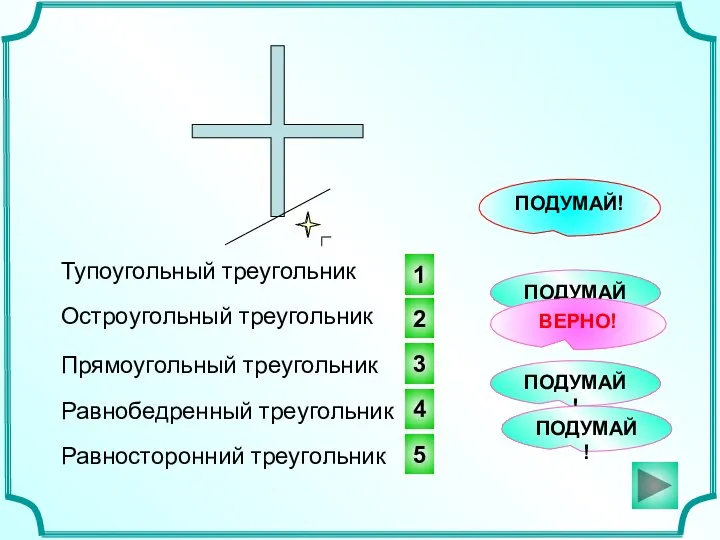 1 2 3 ПОДУМАЙ! Тупоугольный треугольник ПОДУМАЙ! ВЕРНО! Остроугольный треугольник Прямоугольный