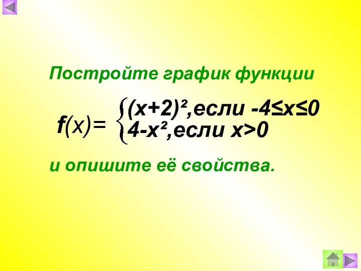 f(x)= (x+2)²,если -4≤х≤0 4-х²,если х>0 Постройте график функции и опишите её свойства.