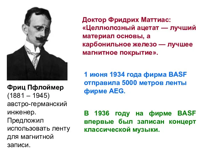 Фриц Пфлоймер (1881 – 1945) австро-германский инженер. Предложил использовать ленту для