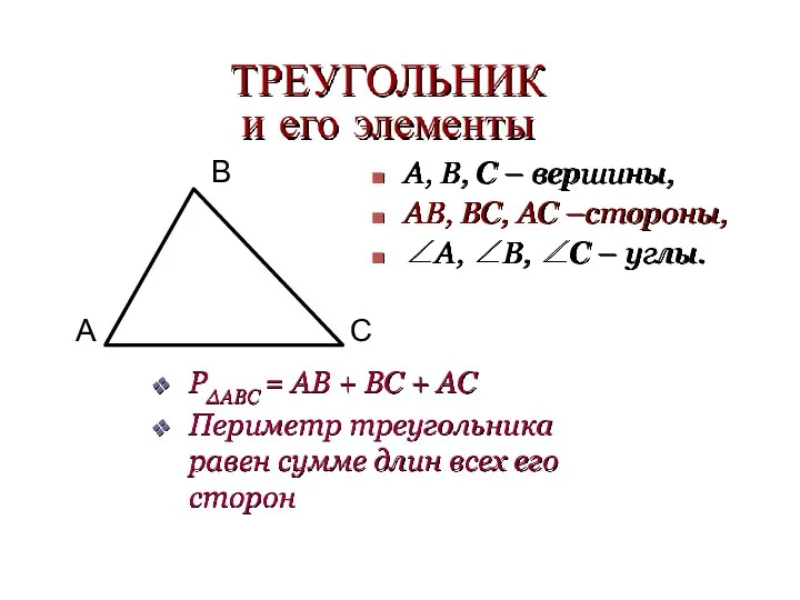 ТРЕУГОЛЬНИК и его элементы A, B, C – вершины, АВ, ВС,