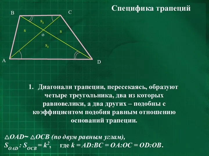 Специфика трапеций Диагонали трапеции, пересекаясь, образуют четыре треугольника, два из которых