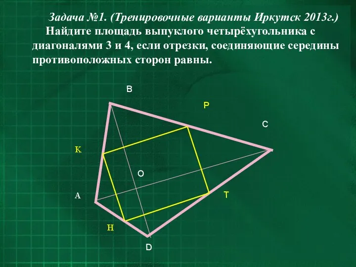 Задача №1. (Тренировочные варианты Иркутск 2013г.) Найдите площадь выпуклого четырёхугольника с