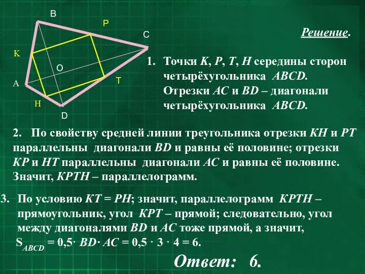 Решение. Точки K, Р, Т, Н середины сторон четырёхугольника ABCD. Отрезки