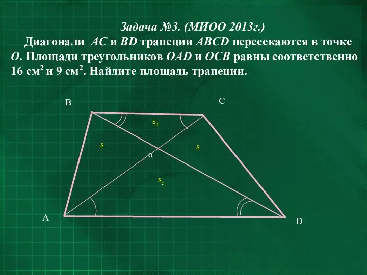 Задача №3. (МИОО 2013г.) Диагонали AC и BD трапеции ABCD пересекаются