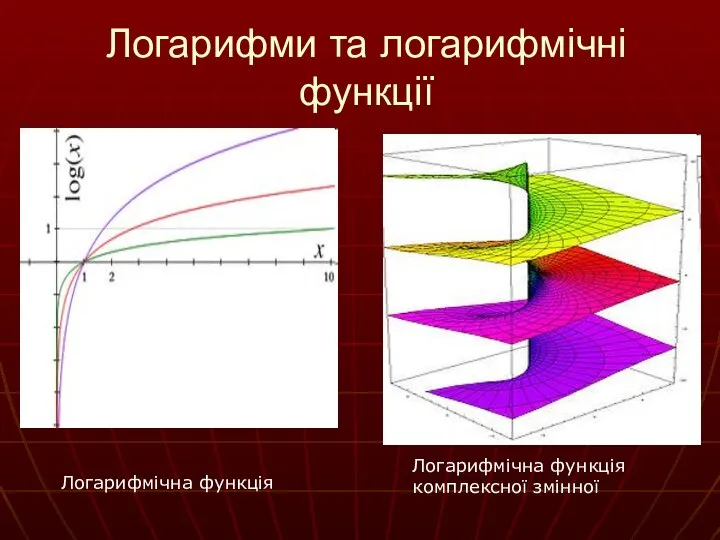 Логарифми та логарифмічні функції Логарифмічна функція комплексної змінної Логарифмічна функція