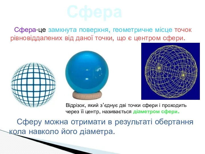 Сфера-це замкнута поверхня, геометричне місце точок рівновіддалених від даної точки, що