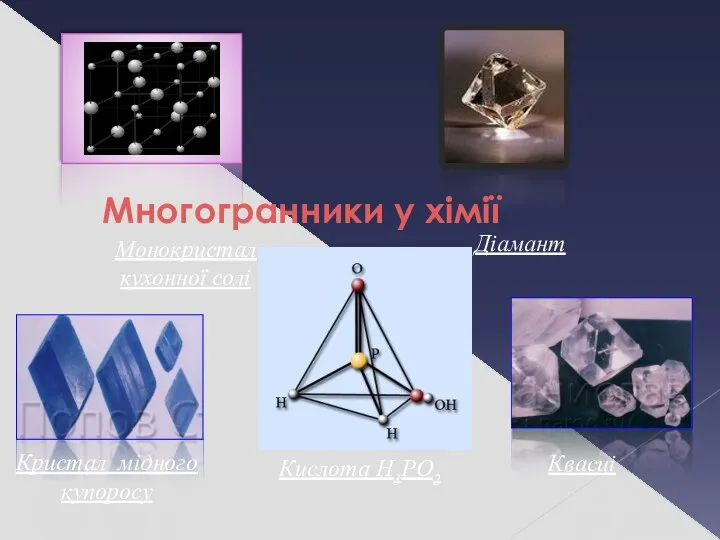 Монокристал кухонної солі Діамант Кислота Н3РО2 Кристал мідного купоросу Квасці Многогранники у хімії