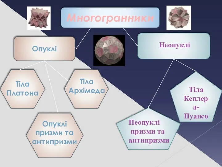 Многогранники Опуклі Неопуклі Тіла Архімеда Тіла Платона Опуклі призми та антипризми