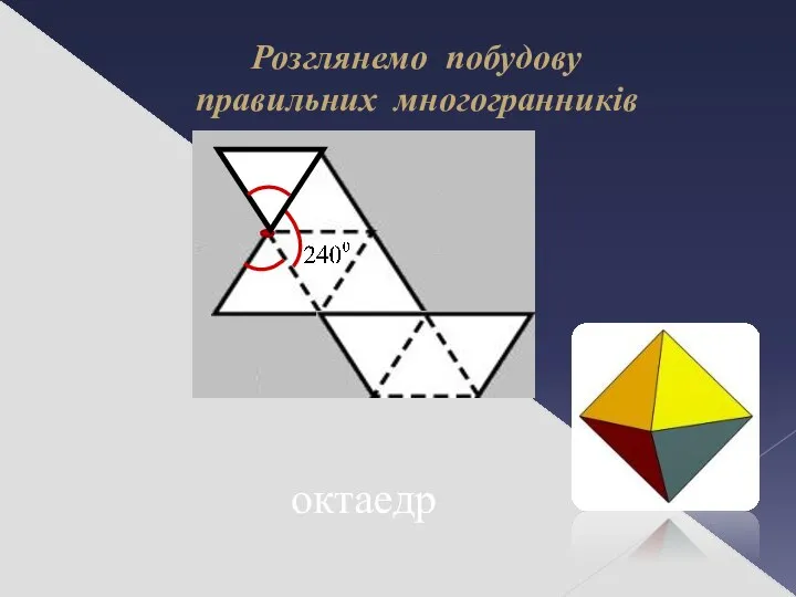 Розглянемо побудову правильних многогранників октаедр