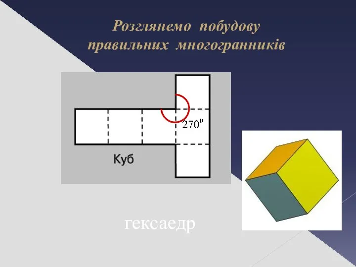 Розглянемо побудову правильних многогранників гексаедр