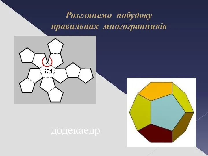 Розглянемо побудову правильних многогранників додекаедр