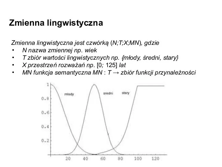 Zmienna lingwistyczna Zmienna lingwistyczna jest czwórką (N;T;X;MN), gdzie N nazwa zmiennej