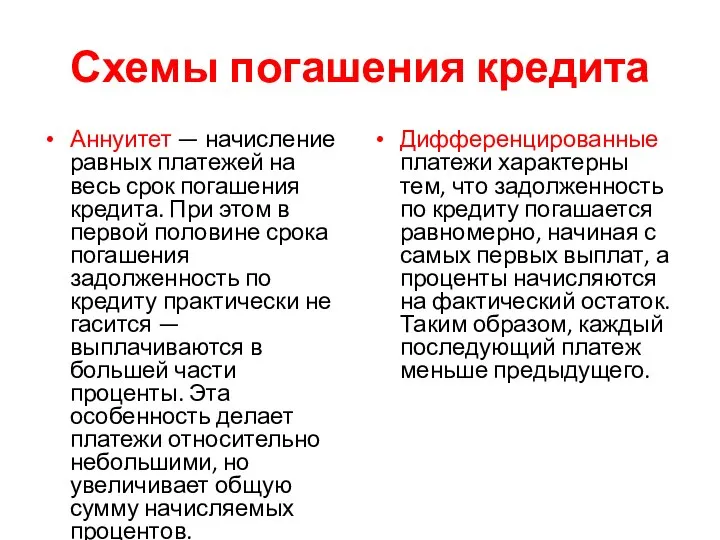 Схемы погашения кредита Аннуитет — начисление равных платежей на весь срок