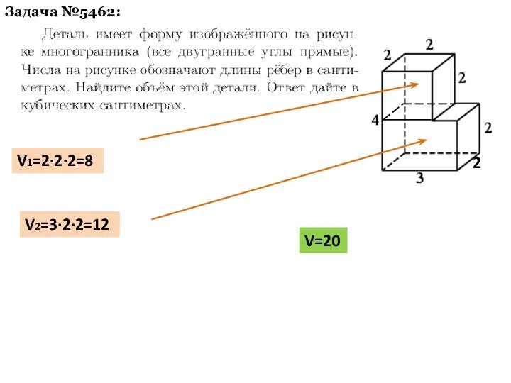 Задача №5462: V1=2·2·2=8 V2=3·2·2=12 2 V=20