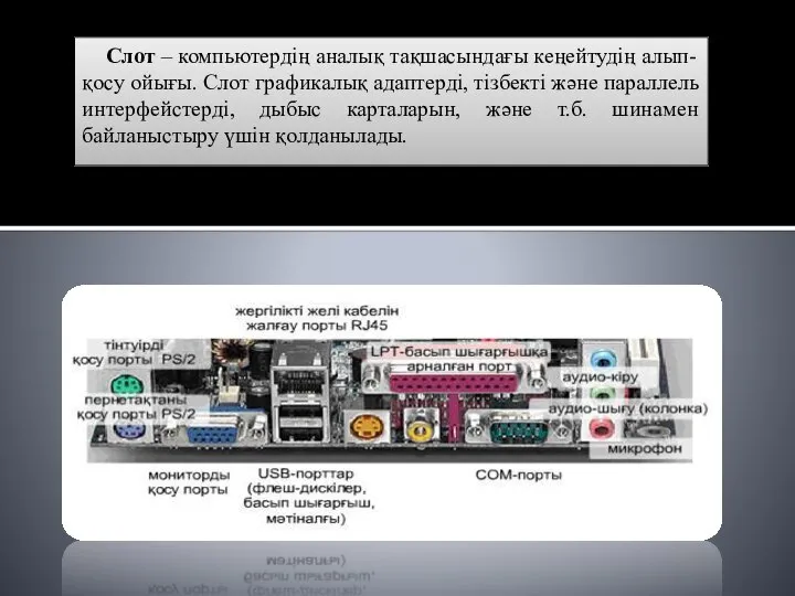 Слот – компьютердің аналық тақшасындағы кеңейтудің алып-қосу ойығы. Слот графикалық адаптерді,