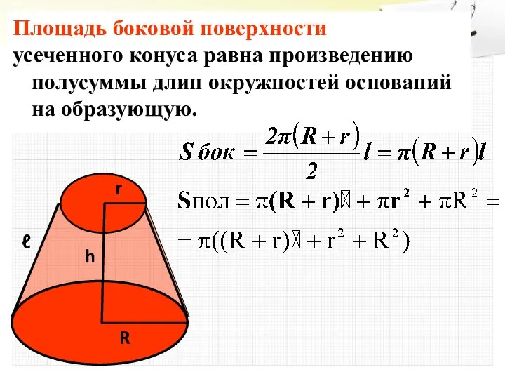 Площадь боковой поверхности усеченного конуса равна произведению полусуммы длин окружностей оснований на образующую.