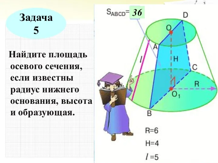 Найдите площадь осевого сечения, если известны радиус нижнего основания, высота и образующая. 36 Задача 5