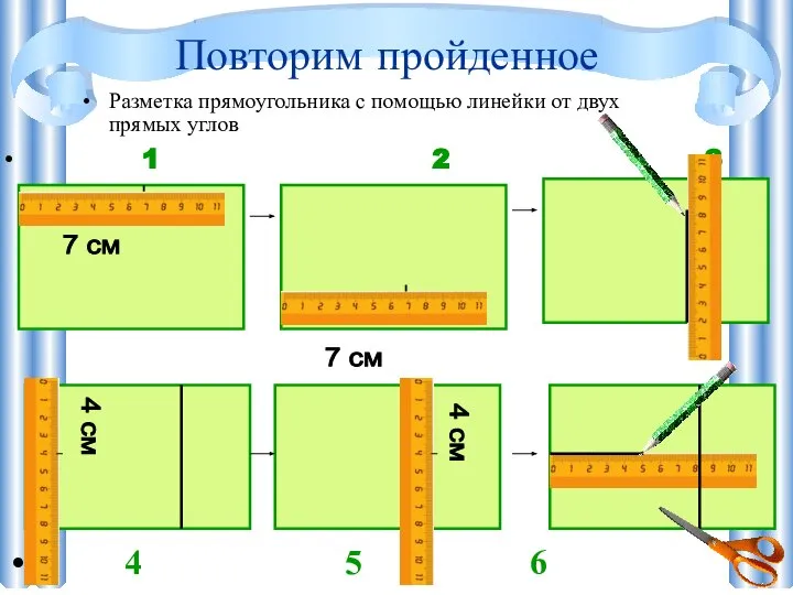 Повторим пройденное Разметка прямоугольника с помощью линейки от двух прямых углов