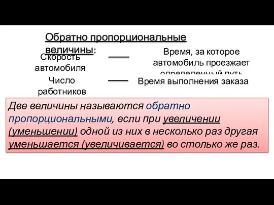 Скорость автомобиля Обратно пропорциональные величины: Время, за которое автомобиль проезжает определенный