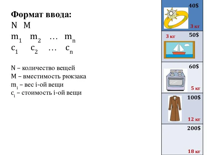 Формат ввода: N M m1 m2 … mn c1 c2 …