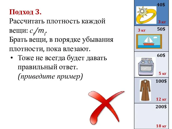 Подход 3. Рассчитать плотность каждой вещи: сi/mi. Брать вещи, в порядке