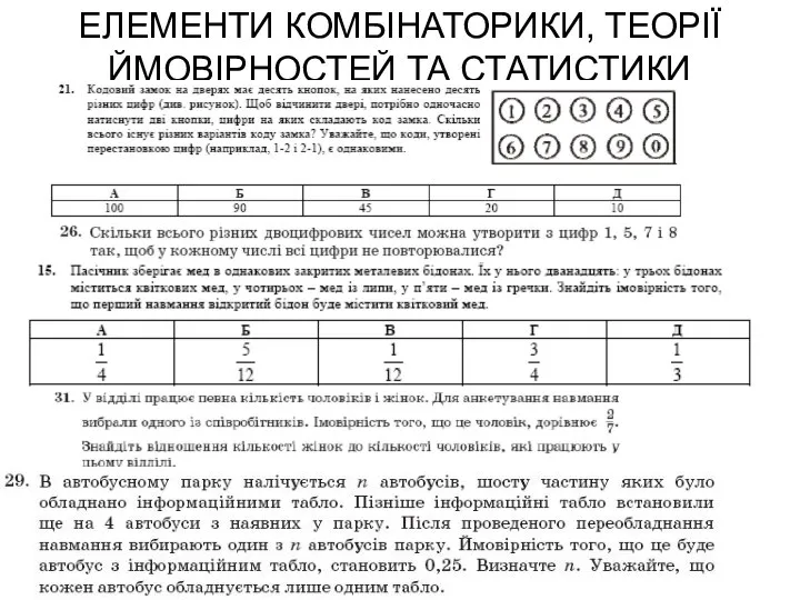 ЕЛЕМЕНТИ КОМБІНАТОРИКИ, ТЕОРІЇ ЙМОВІРНОСТЕЙ ТА СТАТИСТИКИ