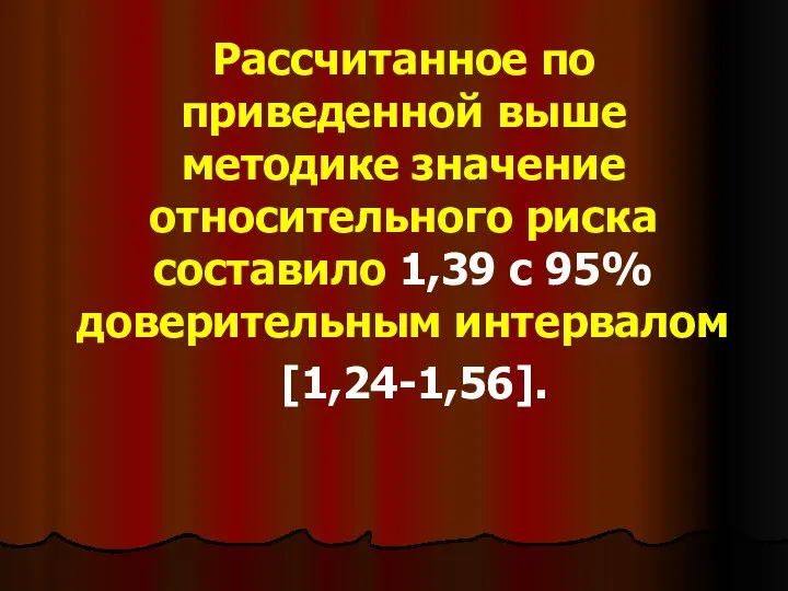 Рассчитанное по приведенной выше методике значение относительного риска составило 1,39 с 95% доверительным интервалом [1,24-1,56].