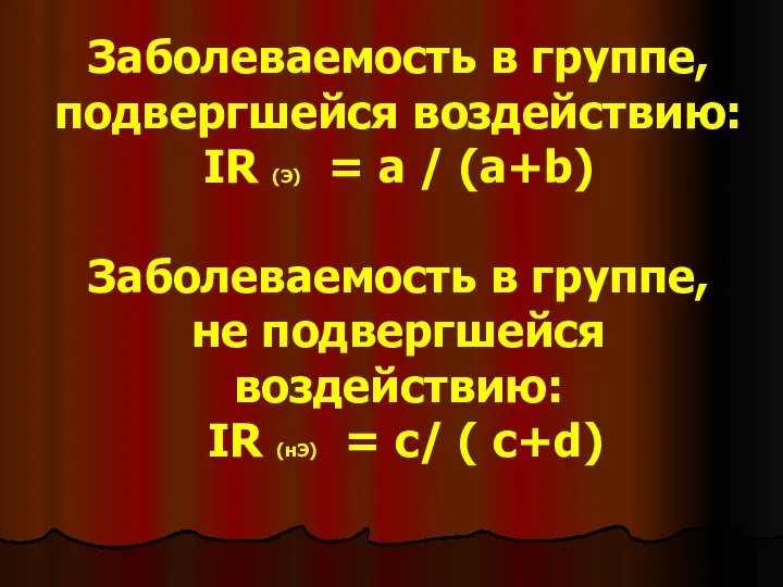 Заболеваемость в группе, подвергшейся воздействию: IR (Э) = a / (a+b)