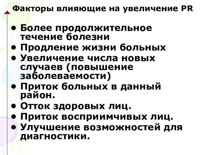 Факторы влияющие на увеличение PR Более продолжительное течение болезни Продление жизни