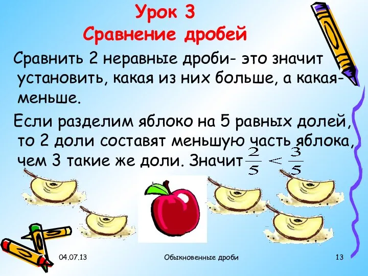 04.07.13 Обыкновенные дроби Урок 3 Сравнение дробей Сравнить 2 неравные дроби-