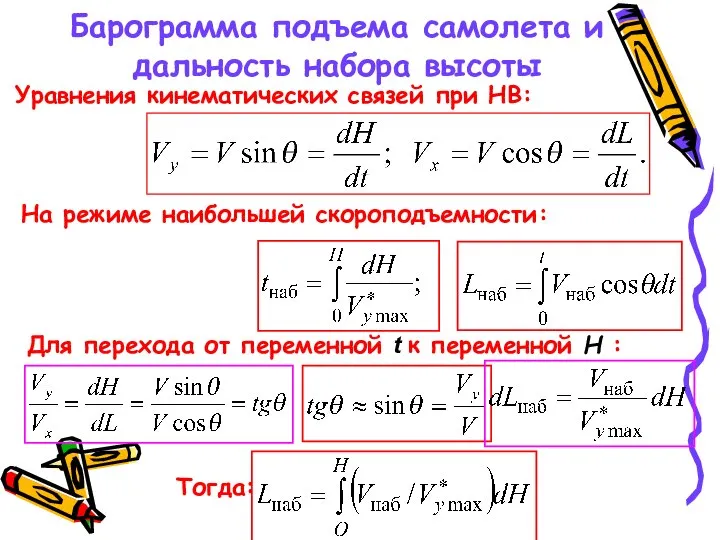 Барограмма подъема самолета и дальность набора высоты Уравнения кинематических связей при