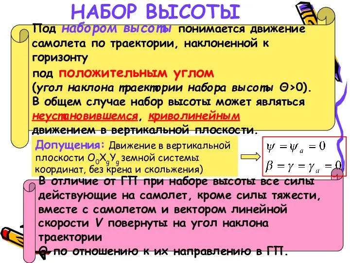 НАБОР ВЫСОТЫ Под набором высоты понимается движение самолета по траектории, наклоненной