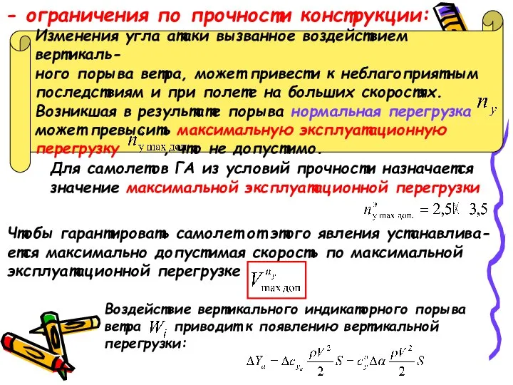 - ограничения по прочности конструкции: Изменения угла атаки вызванное воздействием вертикаль-