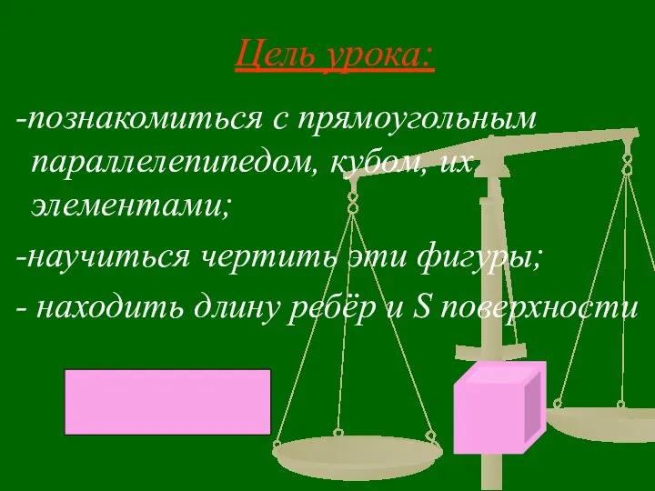 Цель урока: -познакомиться с прямоугольным параллелепипедом, кубом, их элементами; -научиться чертить