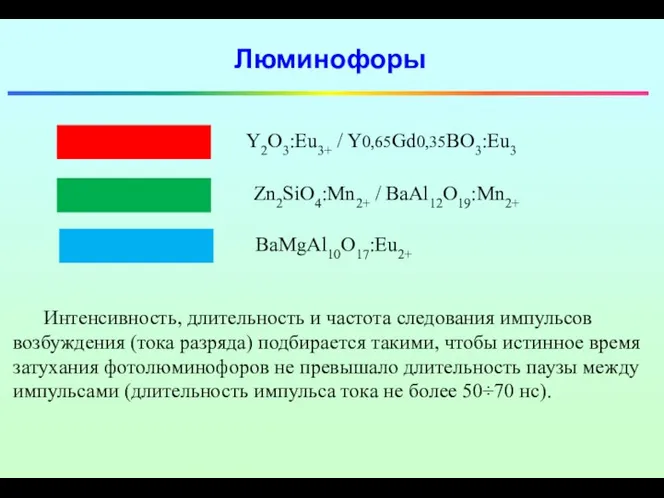 Люминофоры Интенсивность, длительность и частота следования импульсов возбуждения (тока разряда) подбирается