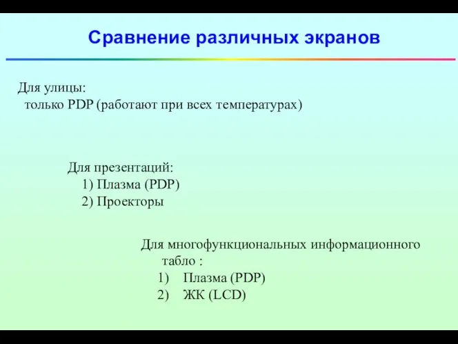 Сравнение различных экранов Для улицы: только PDP (работают при всех температурах)