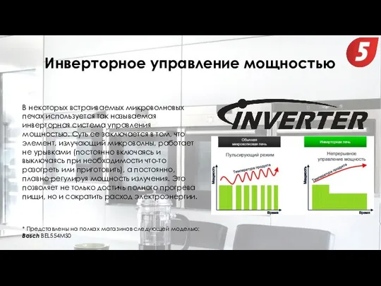 Инверторное управление мощностью В некоторых встраиваемых микроволновых печах используется так называемая