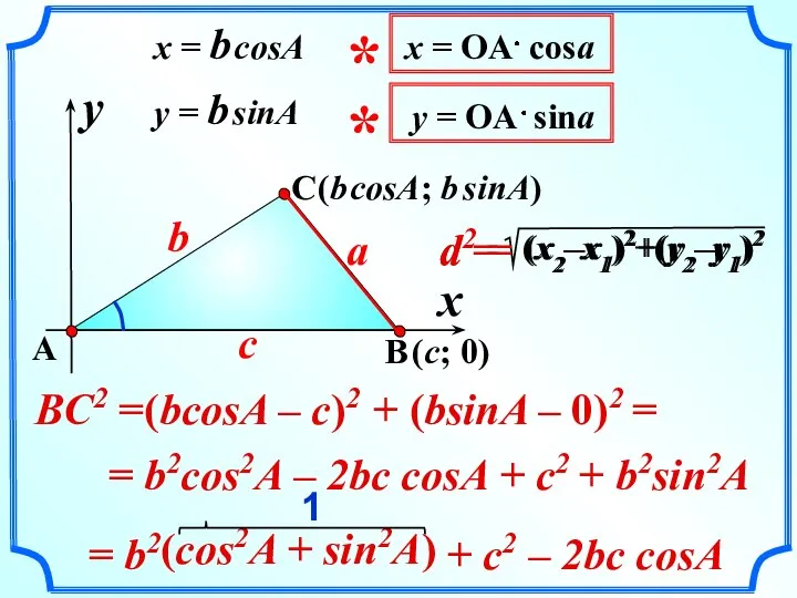 (cos2A + sin2A) + c2 – 2bc cosA A b B