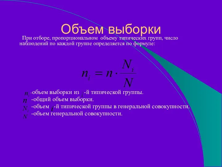 Объем выборки При отборе, пропорциональном объему типических групп, число наблюдений по