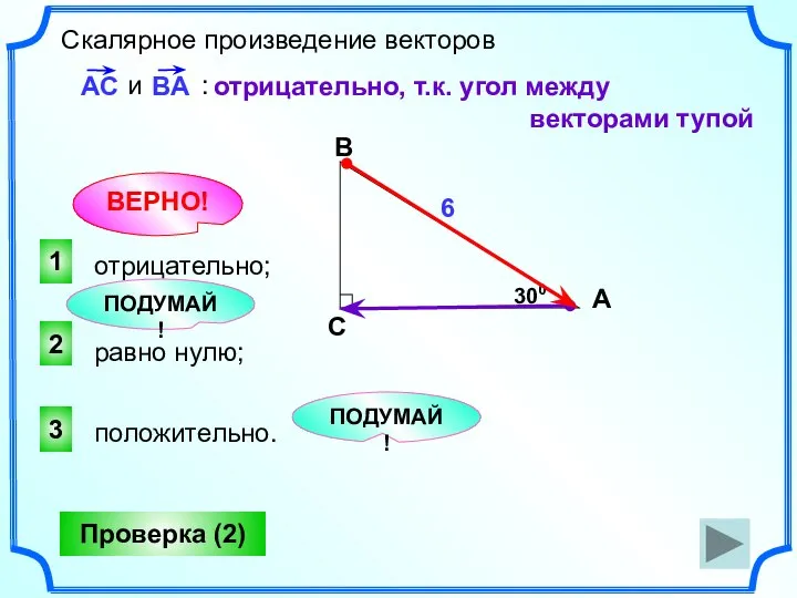 Скалярное произведение векторов и : отрицательно; положительно. 1 ВЕРНО! 2 3